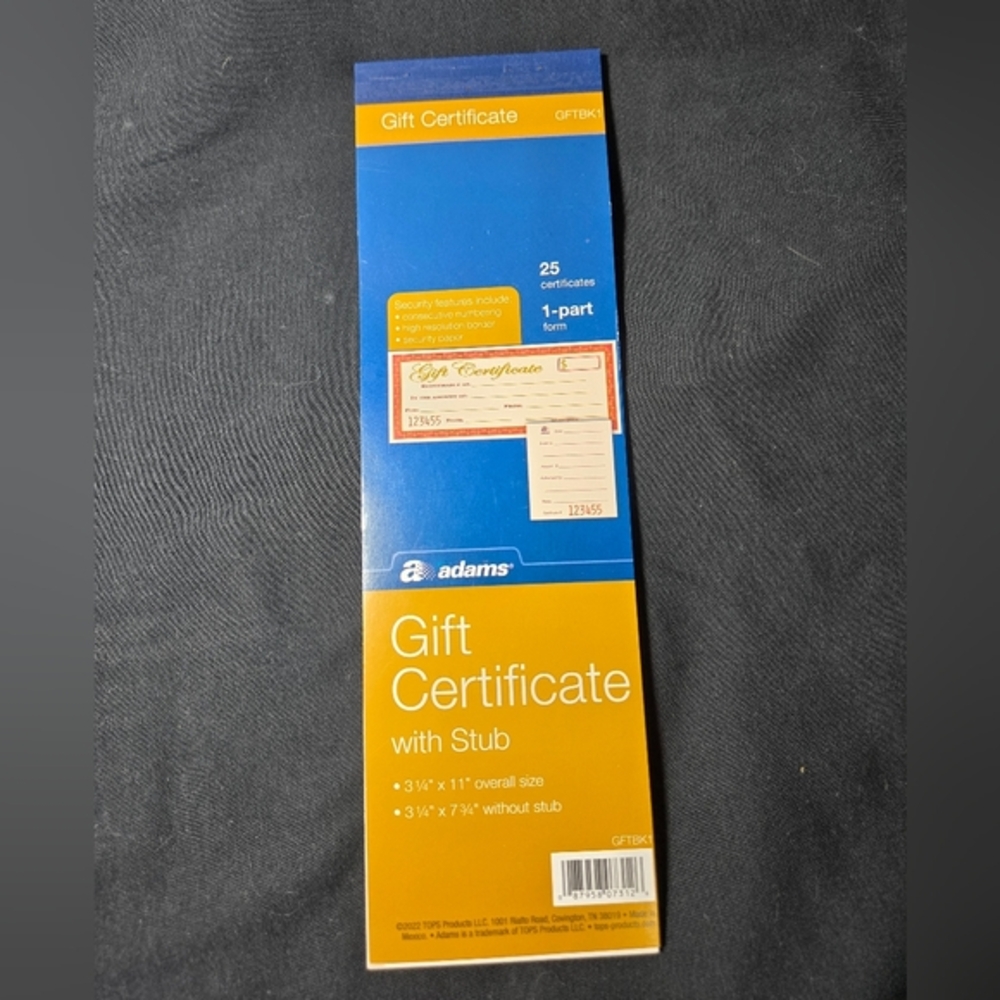1 Pack GIFT CERTIFICATES 25 Carbonless 2 part form
